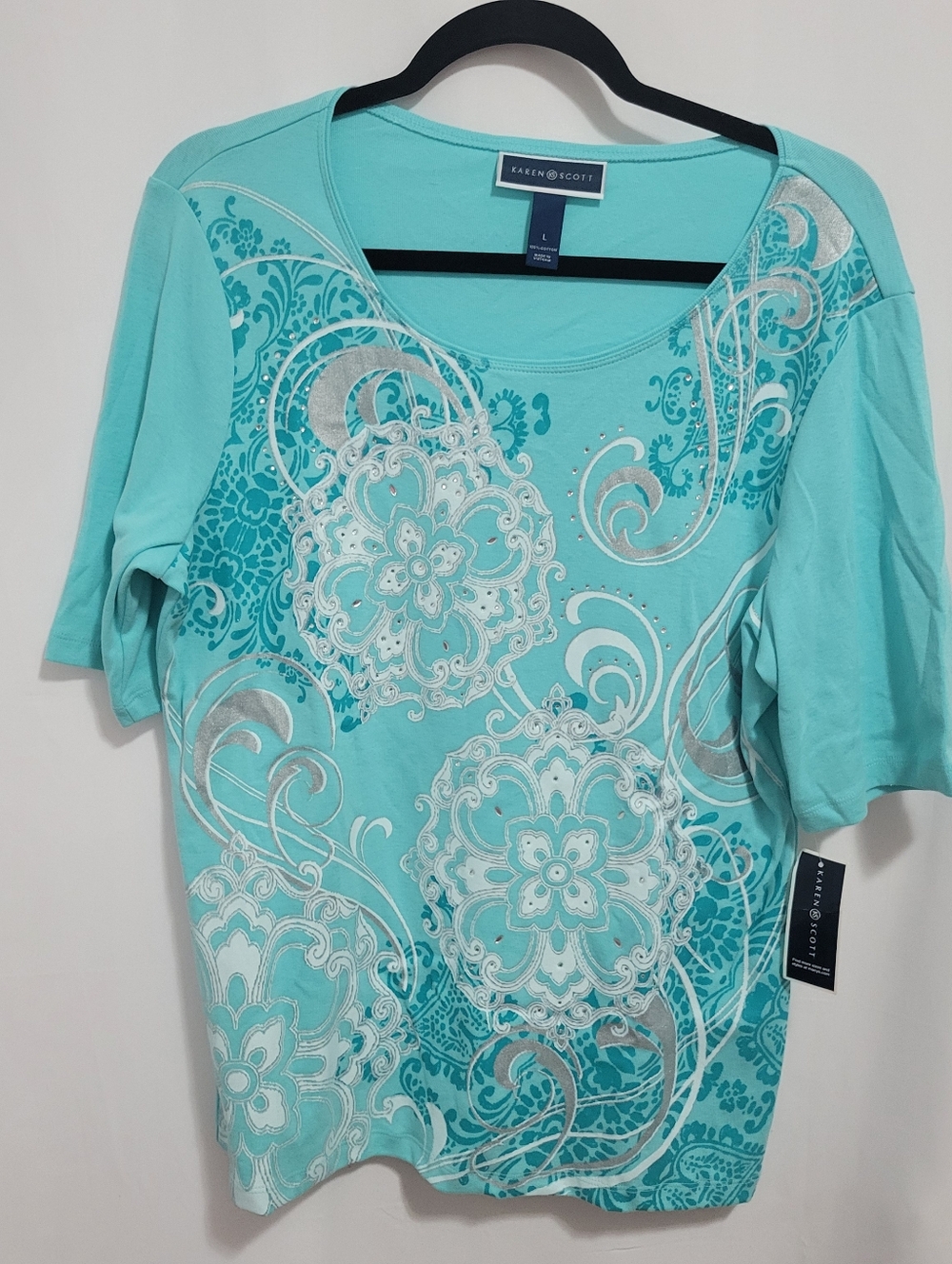 Karen Scott Turquoise Scoop-Neck with Silver Floral Scroll Top. Size L. NEW